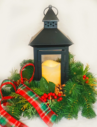 Black lantern with winter pines from Fields Flowers in Ashland, KY