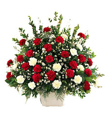 Red and White sympathy arrangement from Fields Flowers in Ashland, KY